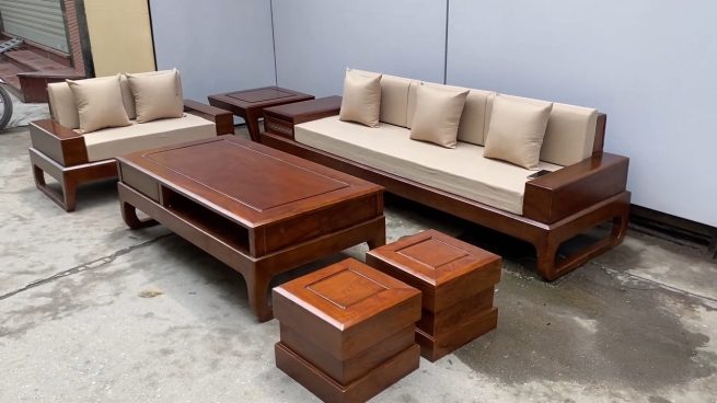 sofa gỗ hương phun màu óc chó kèm đệm da Hàn Quốc