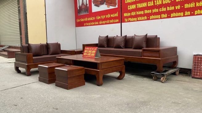 mẫu sofa góc chân hươu gỗ hương phun màu óc chó kèm đệm cao cấp