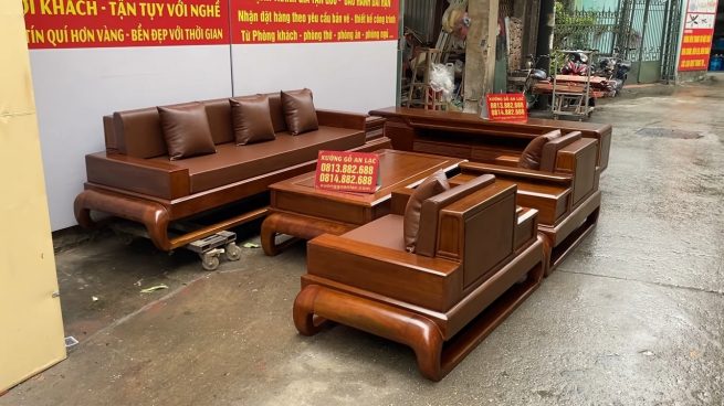 sofa đùi gà và kệ tivi hiện đại gỗ hương đá màu óc chó