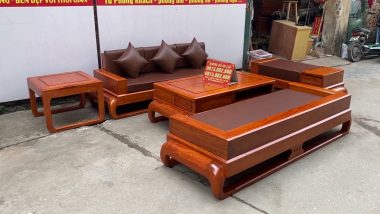 sofa đối mẫu đùi gà gỗ hương đá kèm đệm da Hàn Quốc