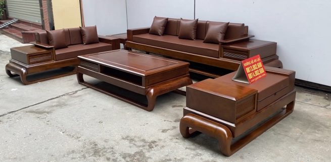 sofa đùi gà 5 món gỗ hương Pu màu óc chó kèm đệm da Hàn