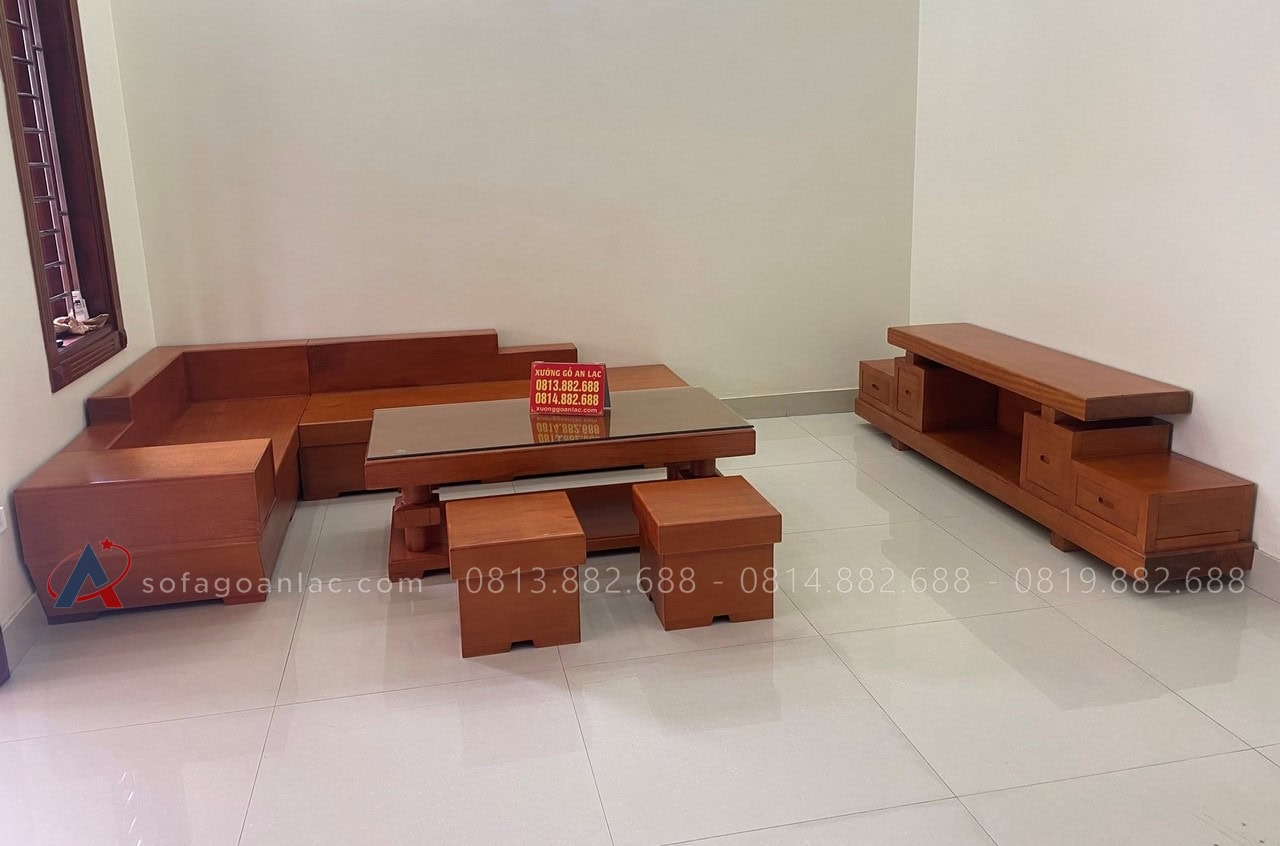 sofa góc chữ L gỗ gõ đỏ nguyên khối và kệ tivi