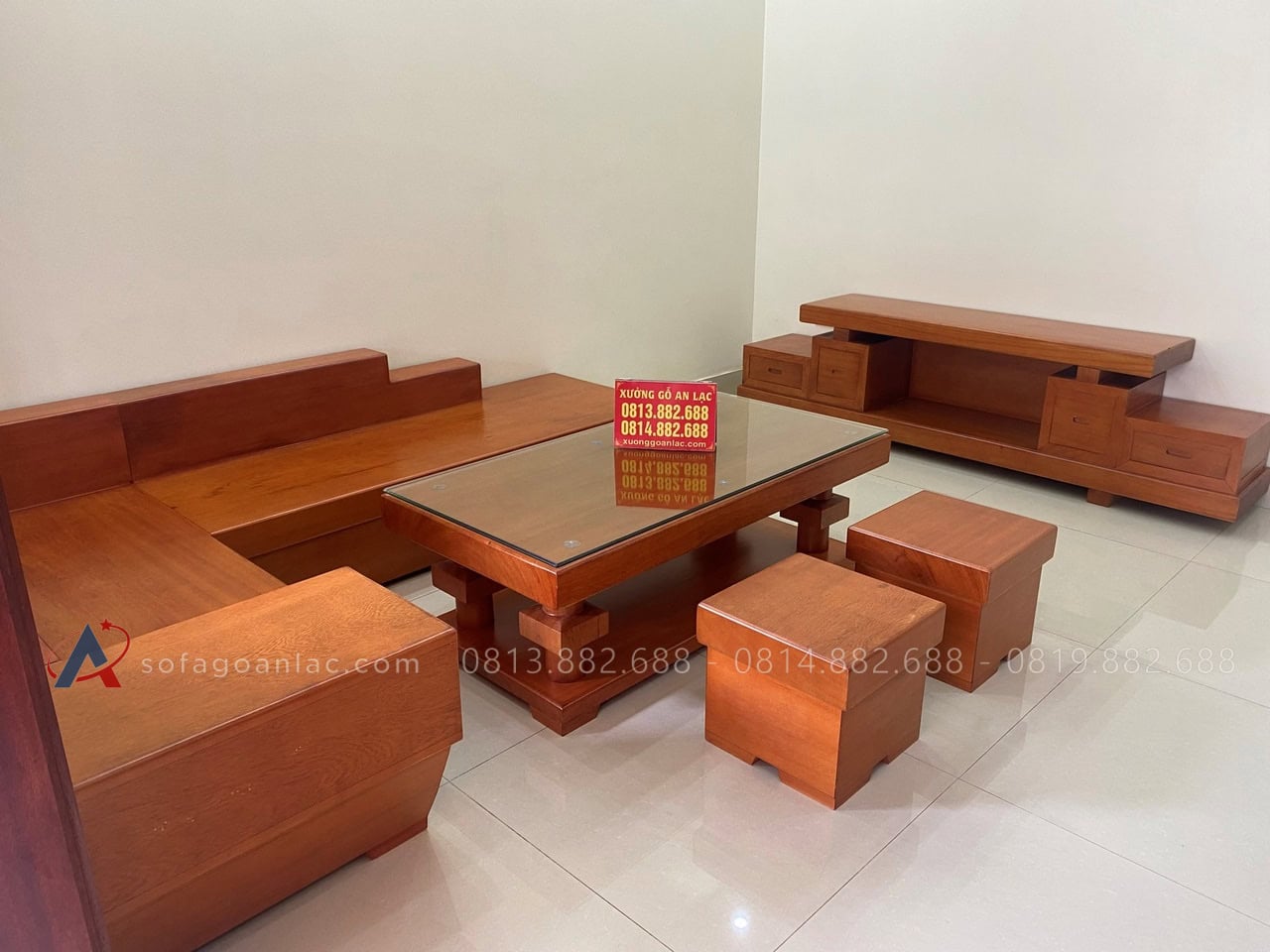 bộ sofa và kệ tivi gỗ gõ đỏ