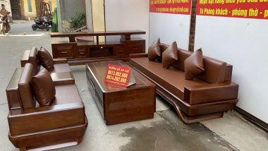 combo sofa chân thuyền và kệ tivi gỗ hương đá