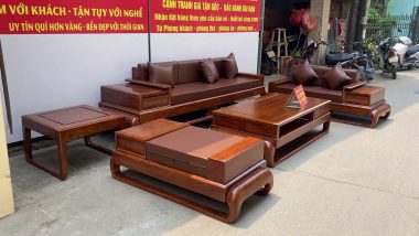 Mẫu sofa đùi gà gỗ hương đá sơn Pu màu óc chó kèm đệm