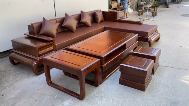 sofa góc chân đùi gà gỗ hương đá lên màu óc chó