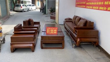 sofa chân đùi gà gỗ hương dày dặn Pu màu óc chó kèm đệm Hàn Quốc