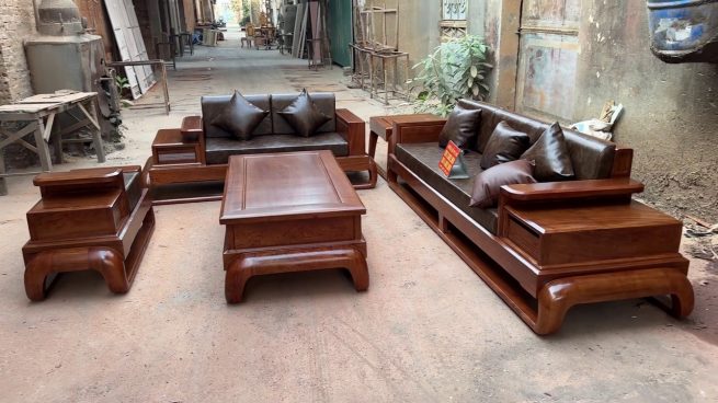 sofa gỗ gõ đỏ cao cấp kết hợp đệm da Carola Ý