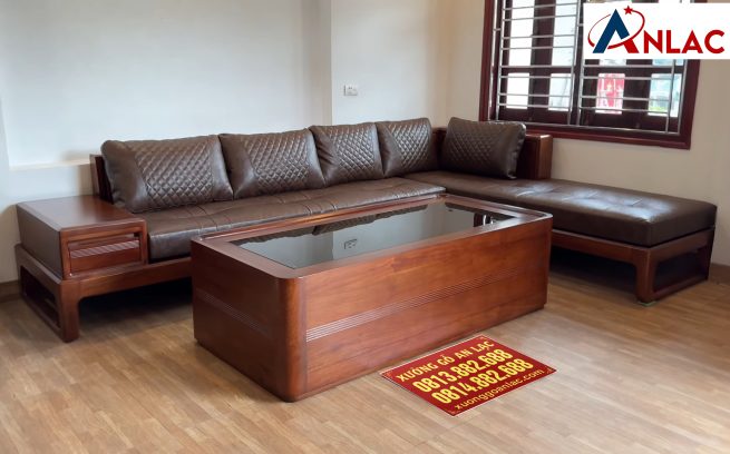 Bộ sofa chân choãi góc L liền gỗ hương đá (anh Hiện - Nam Định)