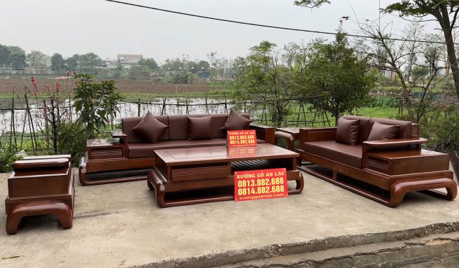 Bộ sofa gỗ hương đá chân đùi gà phun màu óc chó (anh Tiến - Bắc Giang)